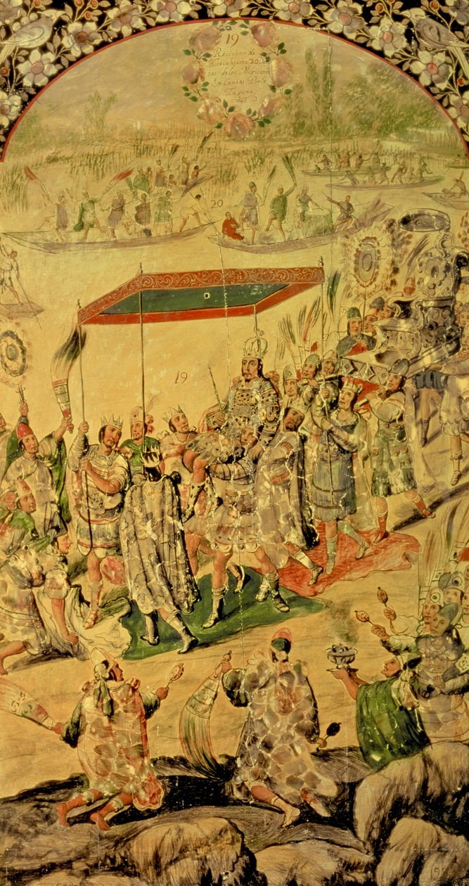 Hernando Cortes (1485-1547) és Montezuma (1466-1520) találkozását ábrázoló panelpár egyike: Montezuma és követői, 1698 alkotó: Miguel and Juan Gonzalez