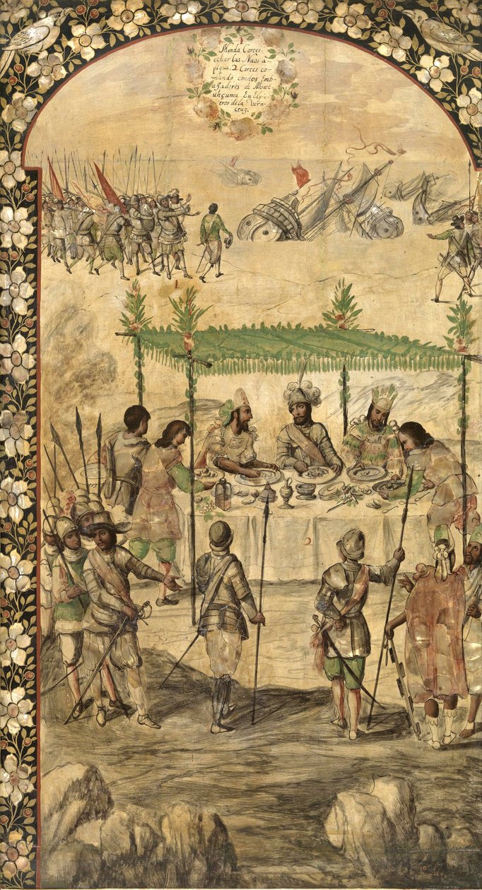 Elrendeli a hajók megsemmisítését, és találkozik Montezuma nagyköveteivel (Moctezuma, Moteuczoma, Motecuhzoma) (1466-1520) 1520-ban - Hernan Cortes par Gonzalez, Miguel és Juan Mexikó meghódítása (aktív 17. sz. vége). Olaj, fa, méret: alkotó: Miguel and Juan Gonzalez