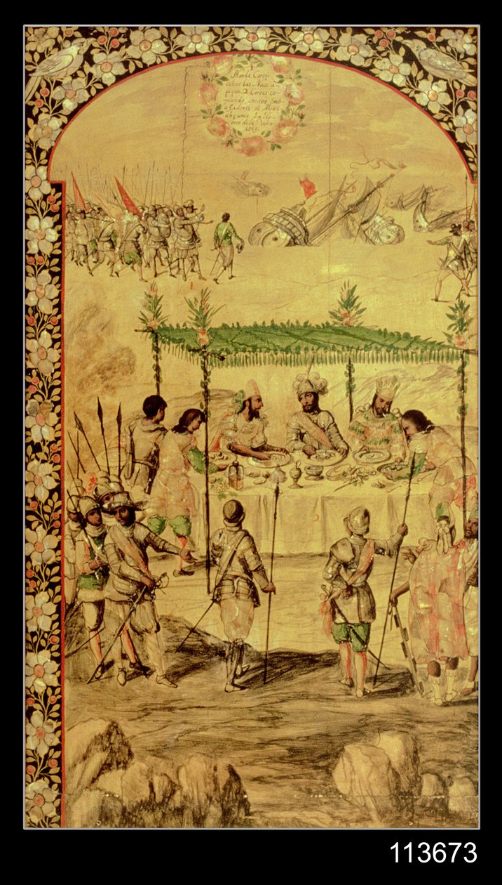 Mexikó meghódítása: Hernando Cortes (1485-1547) elrendeli a hajók megsemmisítését, és 1520-ban találkozik Montezuma nagyköveteivel (1466-1520) alkotó: Miguel and Juan Gonzalez