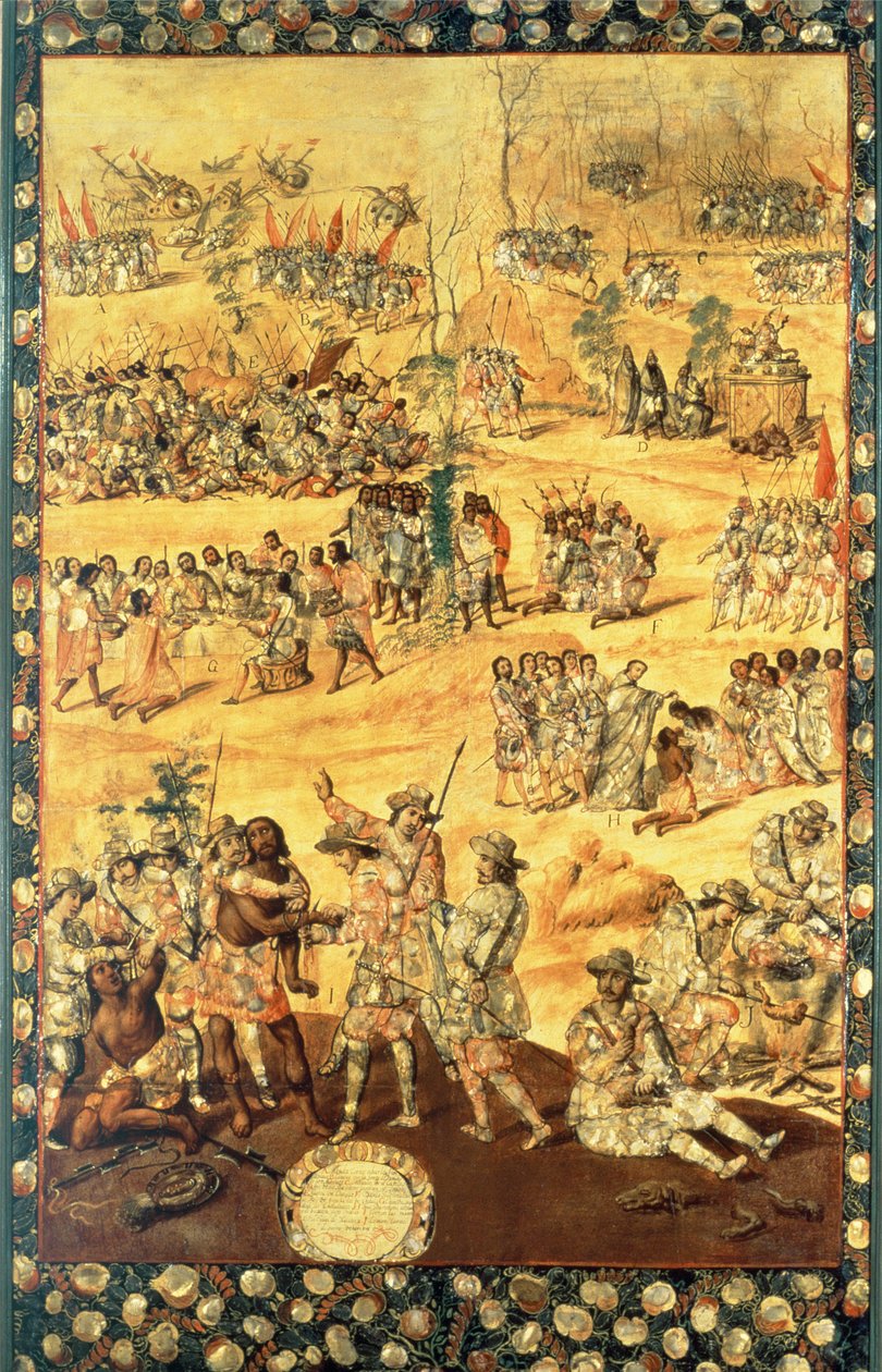 Hernando Cortes (1485-1547) és Montezuma (1466-1520) találkozása, a mexikói hódításról készült panel alkotó: Miguel and Juan Gonzalez