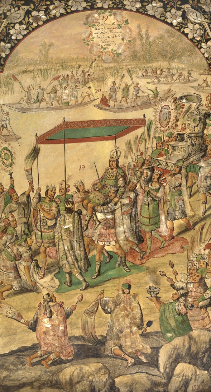 Montezuma üdvözlése (Moctezuma, Moteuczoma, Motecuhzoma) (1466-1520) – Hernan Cortes par Gonzalez, Miguel és Juan Mexikó meghódítása (aktív a 17. század vége). Olaj, fa, méret: 97x53 alkotó: Miguel and Juan Gonzalez