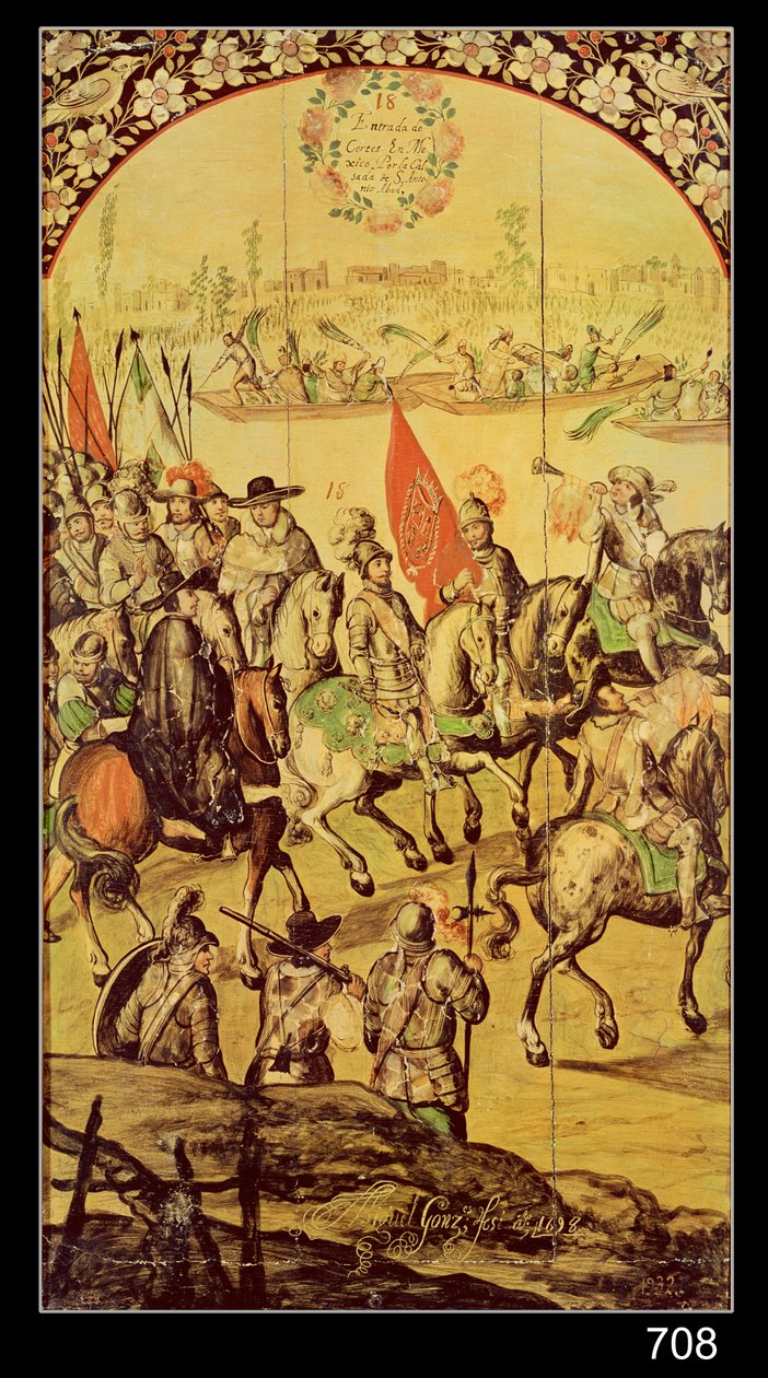 Hernando Cortes (1485-1547) és Montezuma (1466-1520) találkozása 1698 alkotó: Miguel and Juan Gonzalez