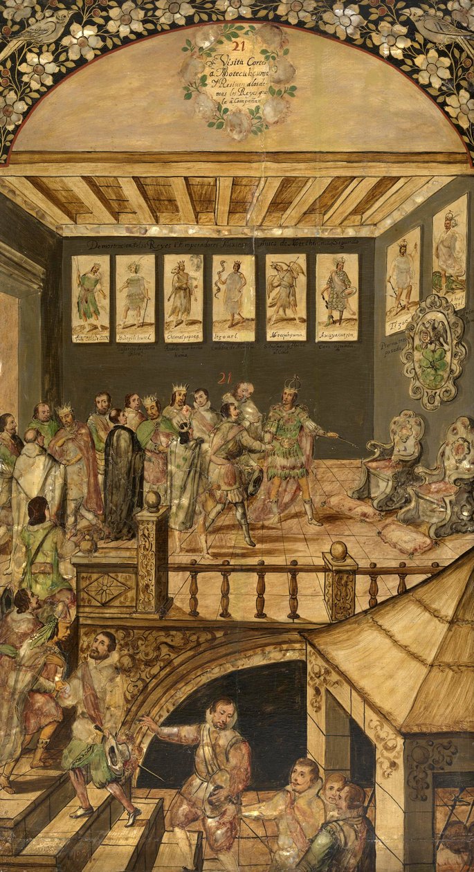 Hernando Cortes (1485-1547) látogatása Montezumában (Moctezuma, Moteuczoma, Motecuhzoma) (1466-1520) 1520-ban - Hernan Cortes par Gonzalez, Miguel és Juan Mexikó meghódítása (aktív 17. sz. vége). Olaj, fa, méret: 97x53 alkotó: Miguel and Juan Gonzalez