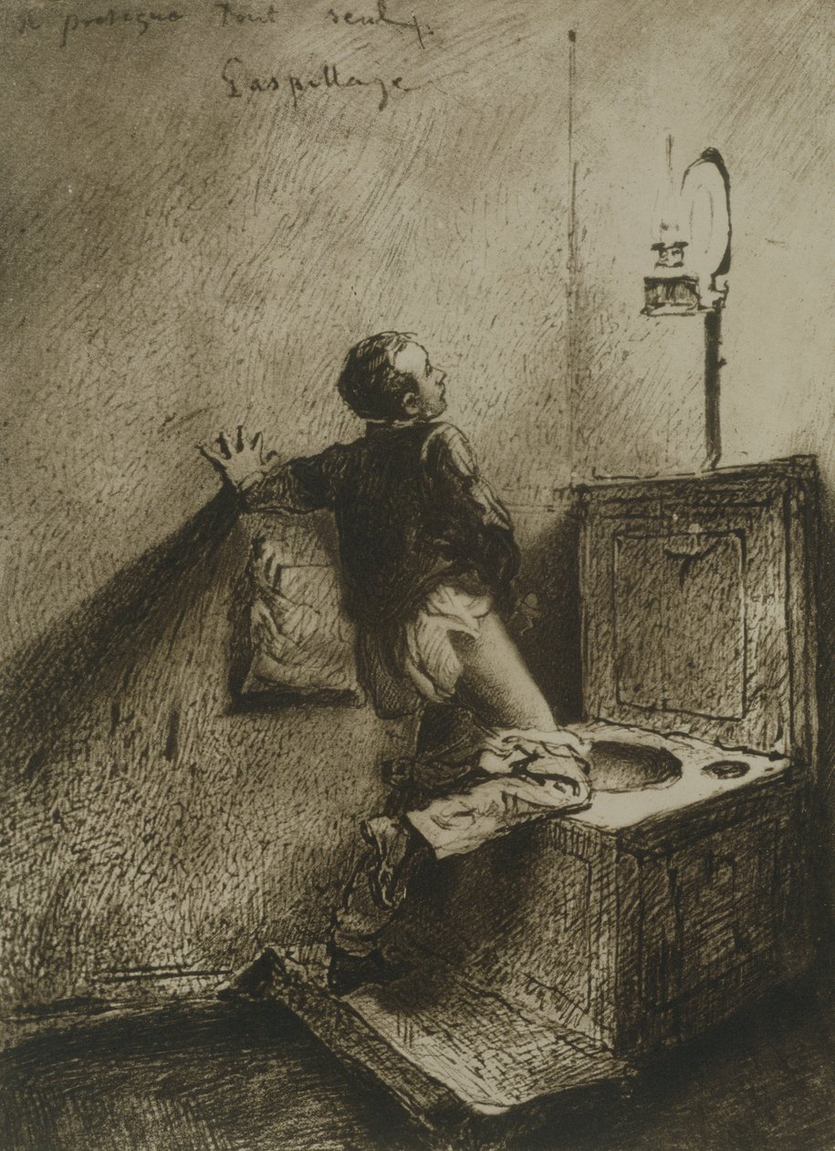 Toalettben maszturbáló fiú, 19. lemez a Liebe (Love) pubból. 1901 Lipcsében (héliomgravúr) alkotó: Mihaly von Zichy