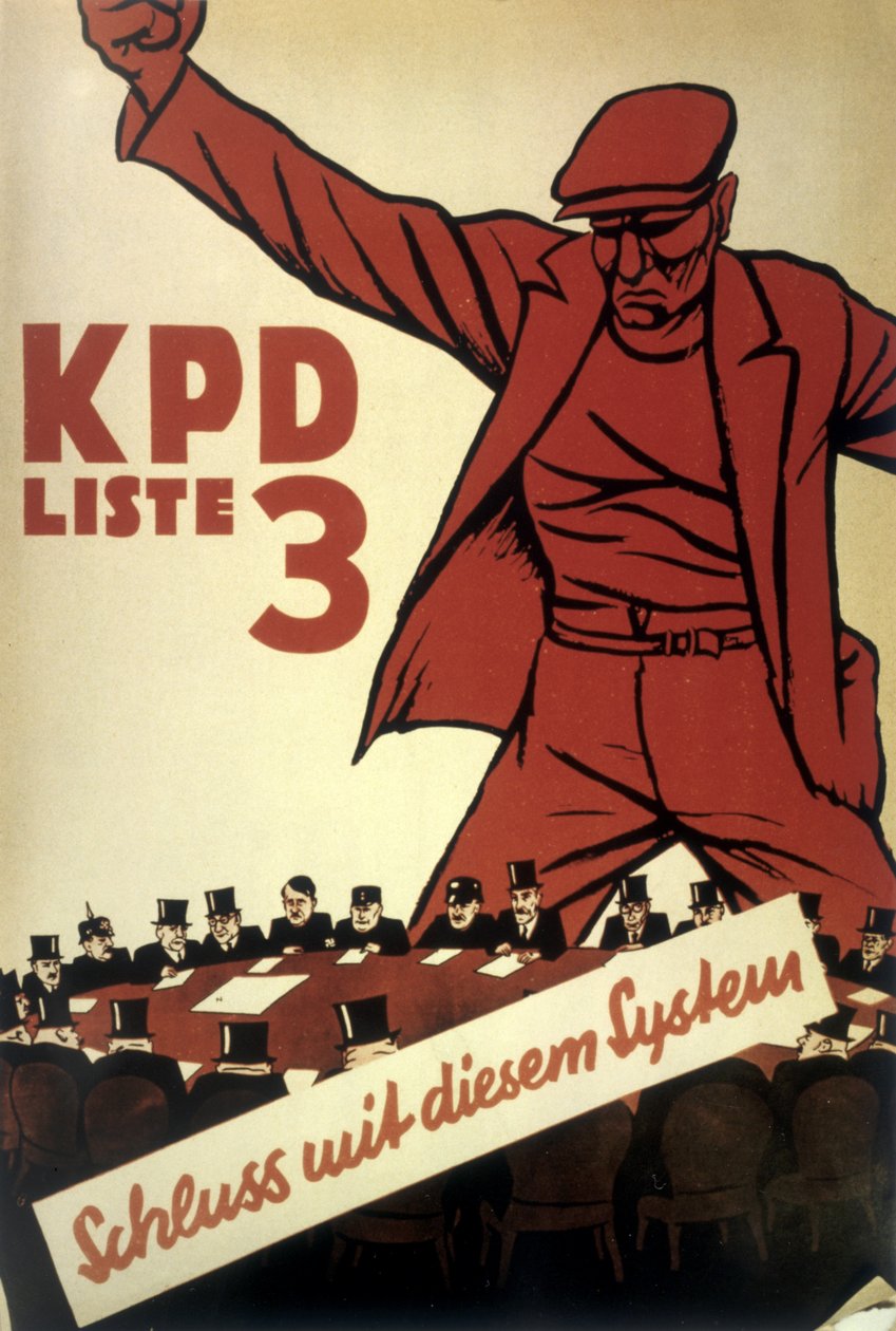 A Német Kommunista Párt (KPD) "El a rendszerrel" című plakátja, amelyet az éles politikai verseny idején készítettek 1932-ben. alkotó: Mihaly Biro