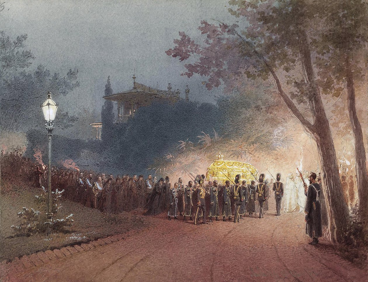 A koporsó szállítása III. Sándor holttestével a Livadia-i Kis Palotából, 1895 alkotó: Mihaly von Zichy