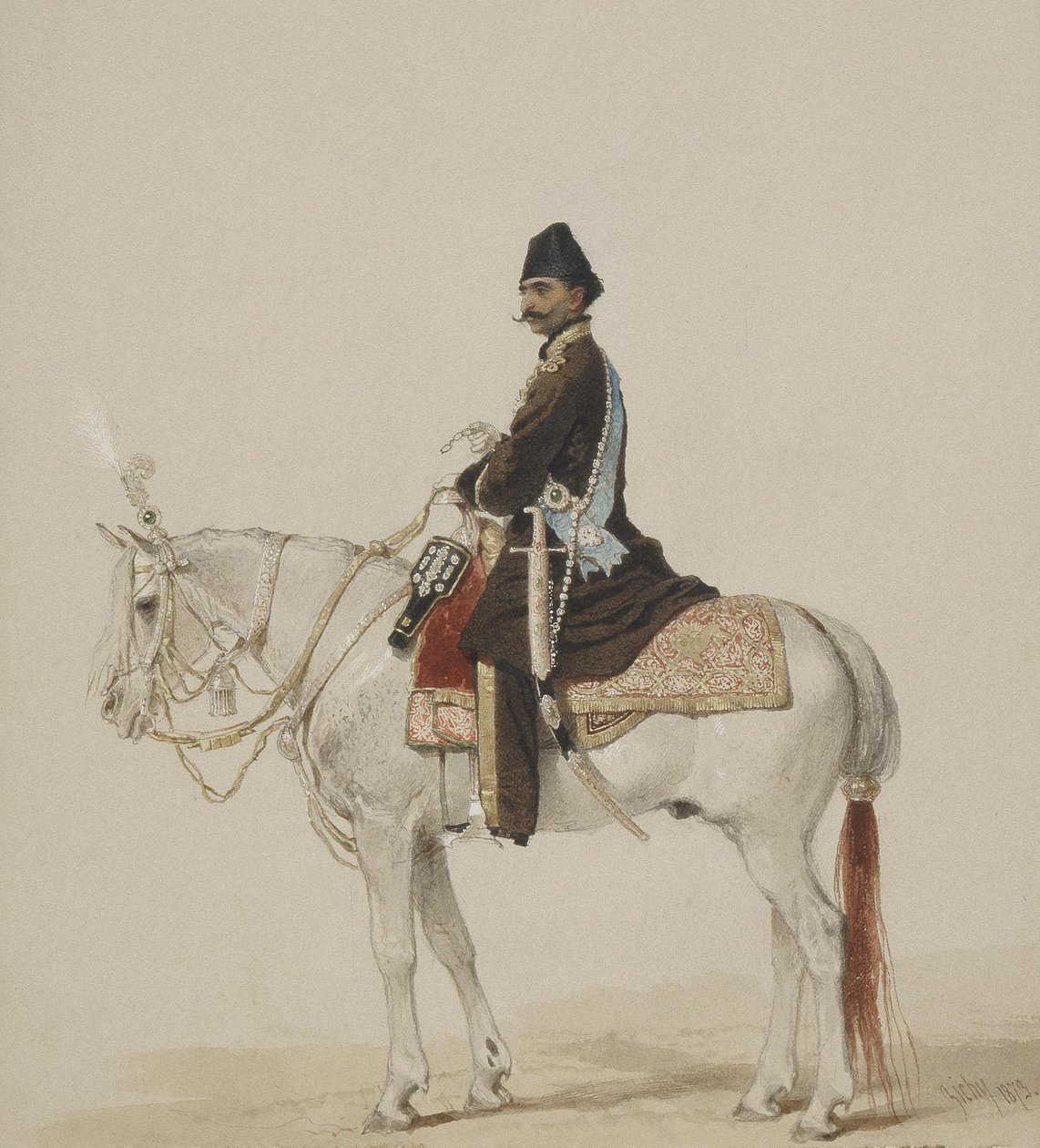 Naser al-Din Shah Qajar lovas portréja 1831-1896, 1873 alkotó: Mihaly von Zichy