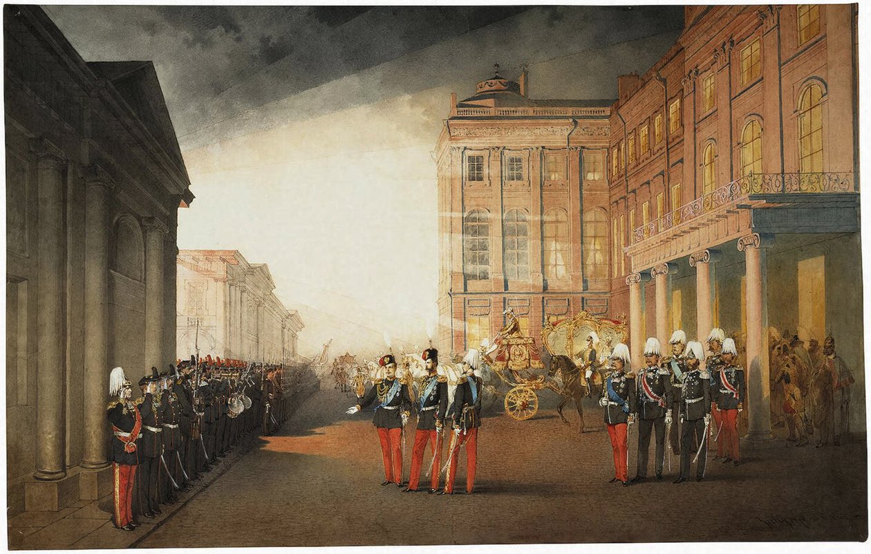 Felvonulás az Anicskov-palota előtt 1870. február 26-án alkotó: Mihaly von Zichy