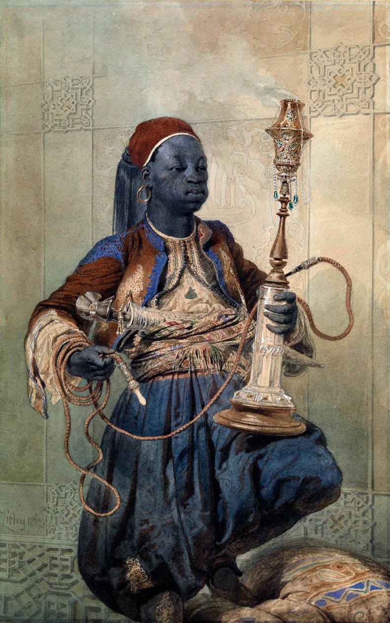 ""Portré de nubien a la pipe a eau" (Núbiai vízipipával) Zichy Mihály akvarell (1827-1906) 1862 Méret: 49,5x31 cm Magángyűjtemény alkotó: Mihaly von Zichy