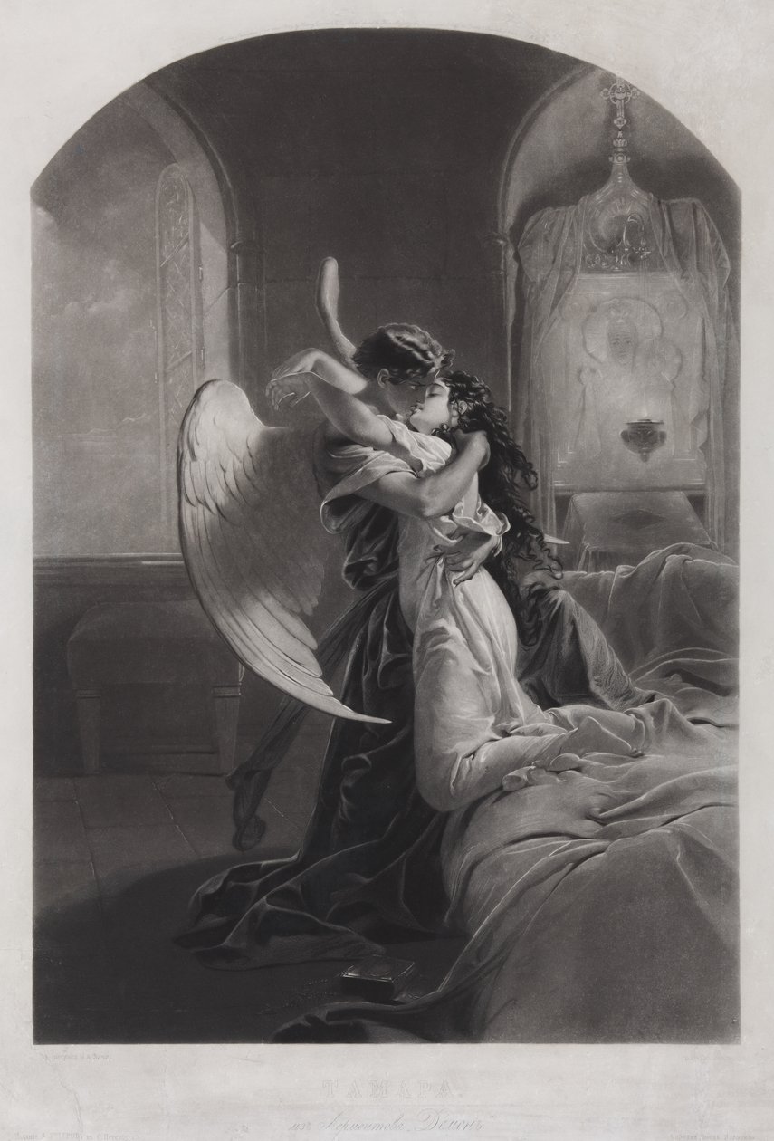 Tamara és Démon. Illusztráció Mihail Lermontov A démon című verséhez, c. 1880 alkotó: Mihaly von Zichy