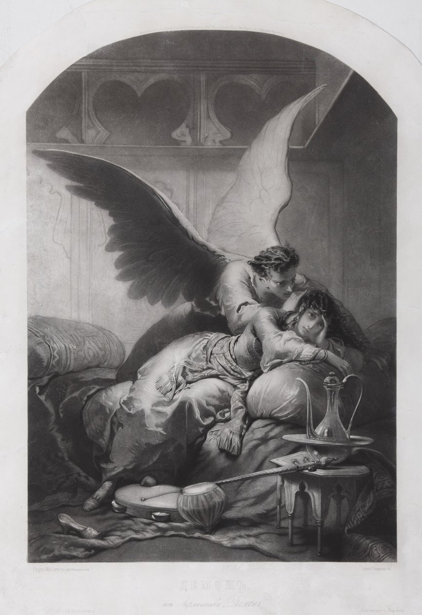 Tamara és Démon. Illusztráció Mihail Lermontov A démon című verséhez, c. 1880 alkotó: Mihaly von Zichy