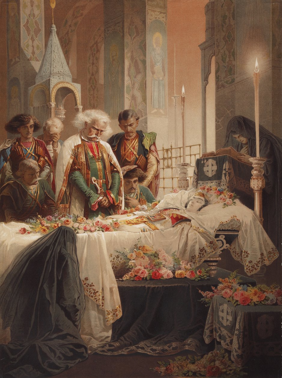 Tamara a koporsóban. Illusztráció Mihail Lermontov A démon című verséhez, c. 1880 alkotó: Mihaly von Zichy
