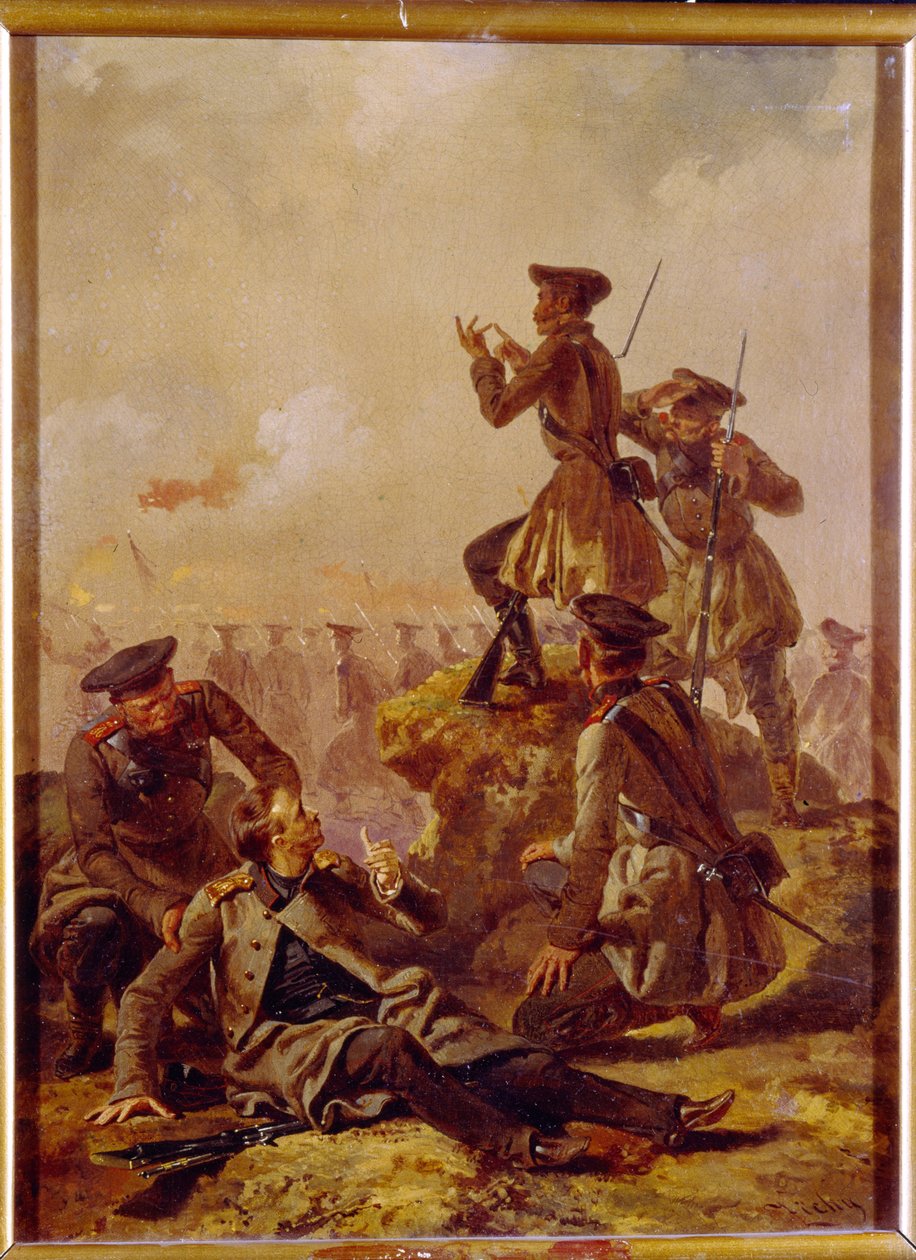 Jelenet a krími háborúból (1853-1856). A frontcsapatok vonala mögött tisztek, köztük egy sebesült figyelik a csatateret. Zichy Mihály (1827-1906) festménye, olaj, vászon, 1850 körül. Magyar művészet alkotó: Mihaly von Zichy