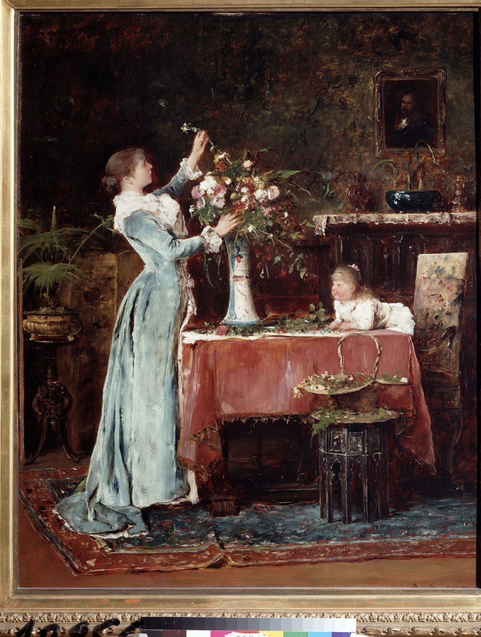 ""La kompozicion du bouquet"" (Csokrot komponálni) Középosztálybeli (magyar?) nő virágcsokrot készít, lánya ránéz. Munkácsy Mihály (1844-1900) festménye 1880 körül Puskin Múzeum, Moszkva alkotó: Mihály Munkácsy