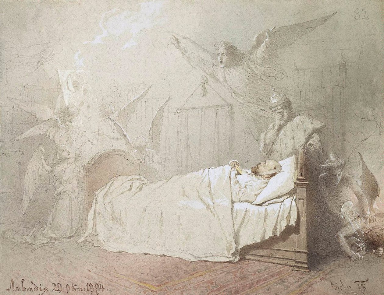 III. Sándor a halálos ágyán, angyaloktól körülvéve, 1895. alkotó: Mihály Zichy