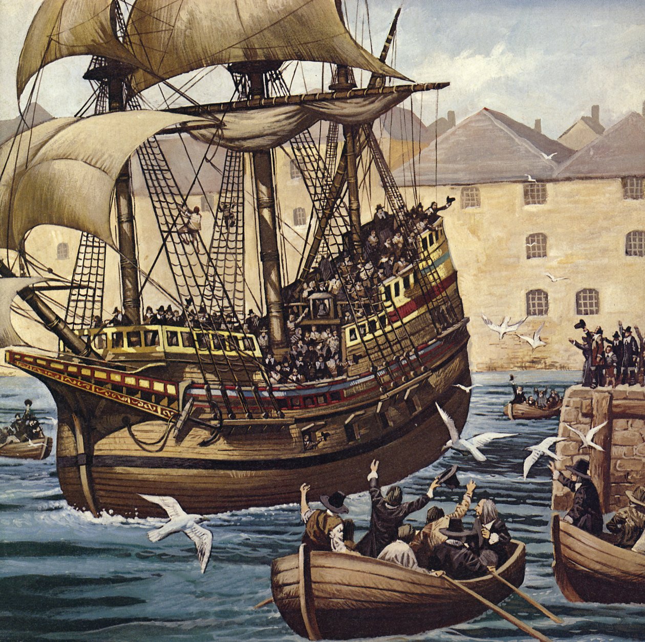 Westward Ho! A Mayflower 1620. szeptember 16-án hagyja el Plymouth Ho-t (színes litográfia) alkotó: Mike (20th century) White