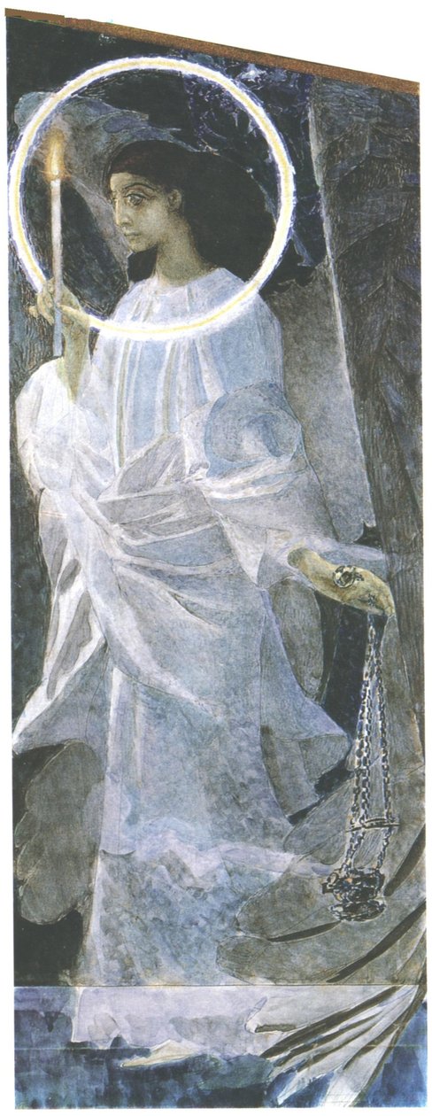 Angyal gyertyával, 1887 (wc, ceruza és lakkozás papíron) alkotó: Mikhail Aleksandrovich Vrubel