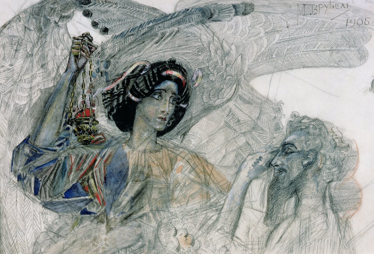 A hatszárnyú szeráf, Alekszandr Puskin (1799-1837) „A próféta” című művéből, 1905 (szén és gouache papíron) alkotó: Mikhail Aleksandrovich Vrubel