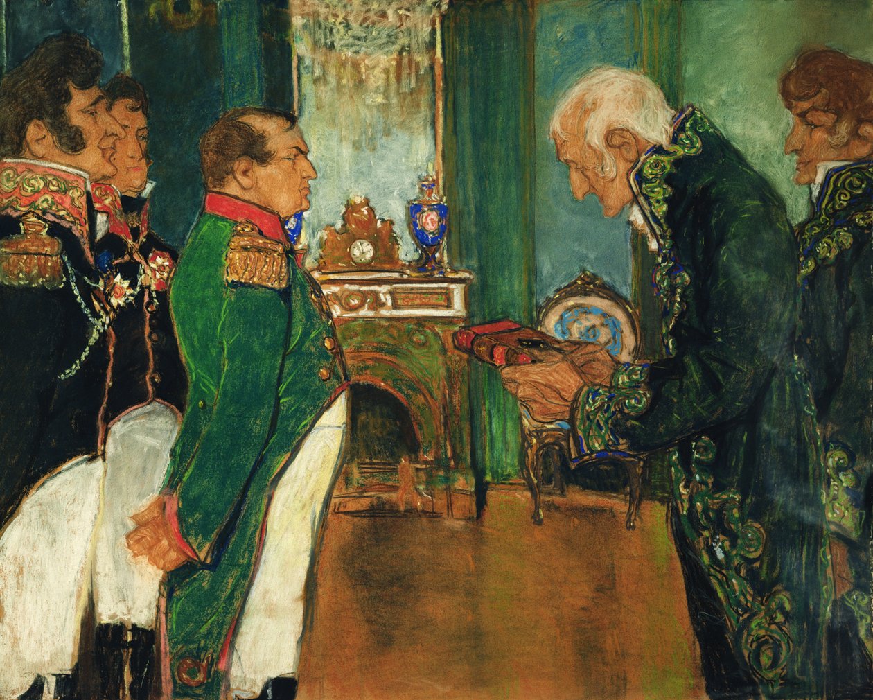 Jean-Baptiste de Lamarck átadja a Zoológiai filozófia című könyvet Bonaparte Napóleon császárnak, 1920 pasztell, papír alkotó: Mikhail Dmitrievich Ezuchevsky