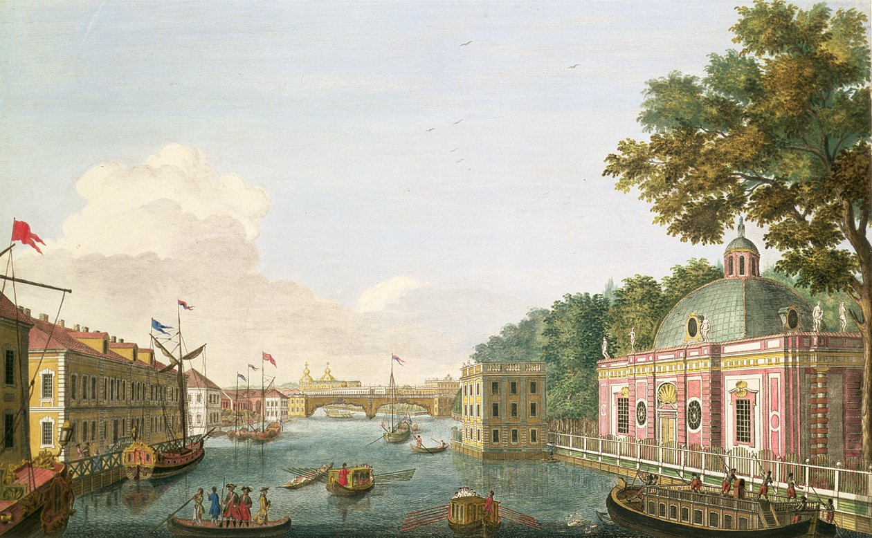 Kilátás a Fontanka folyóra a barlangból és a Vendégpalotából, Grigorij Anikievics Kacsalov (171112-1759) metszet, 1753 (metszet) alkotó: Mikhail Ivanovich Makhaev
