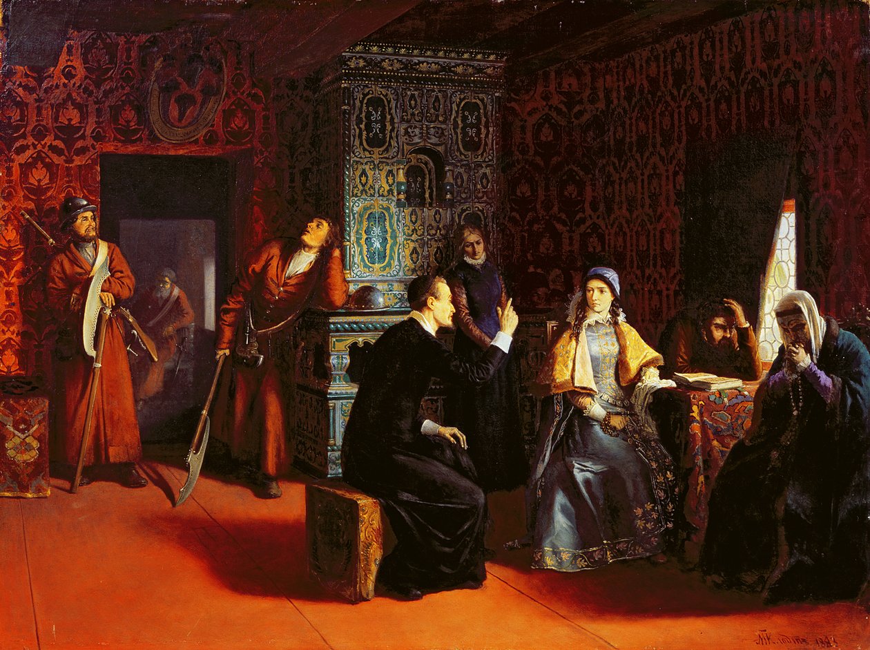 Marina Mniszech letartóztatásban egy pappal, 1883 alkotó: Mikhail Konstantinovich Klodt