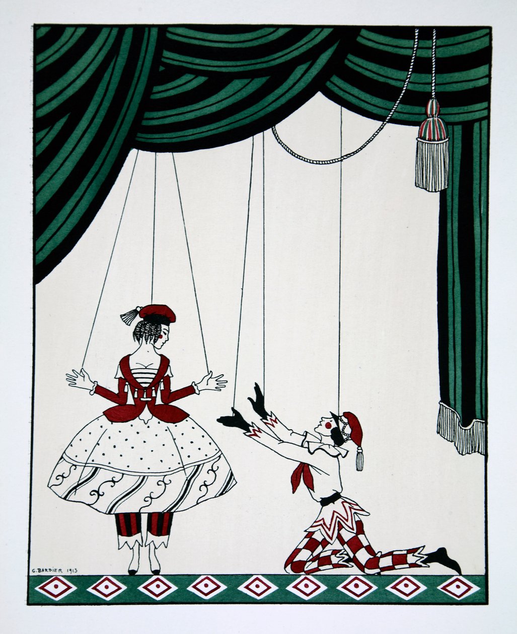 Petroushka, a Designs on the dances of Vaslav Nijinsky 1889-1950 című sorozatból. Georges Barbier 1882-1932, Pochoir Print alkotó: Mikhail Shibanov