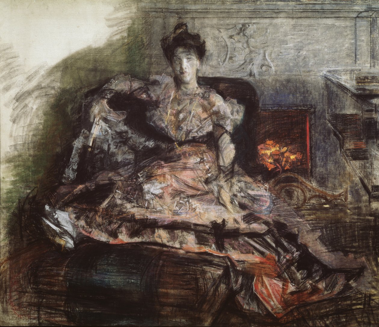 A koncert után. N. Zabela-Vrubel portréja a kandallónál Vrubel által tervezett ruhában, 1905 alkotó: Mikhail Aleksandrovich Vrubel