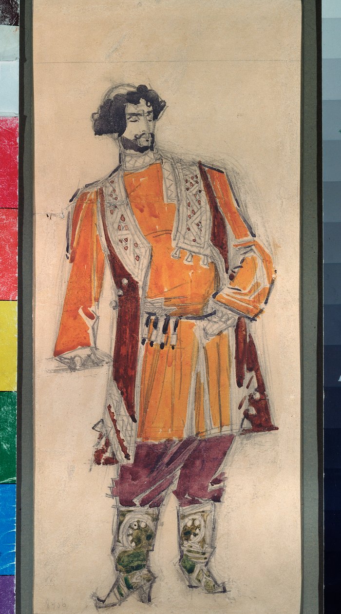 Felkészítő férfi jelmez Miklós (Nikolaj) Rimszkij Korszakov (Rimszkij-Korszakov) "A cár menyasszonya" című operájához (1844-1908) (N. Rimszkij Korszakov (Rimszkij) A cár menyasszonya című operájának jelmezterve ). -Korszakov) - Mihail Sándor munkája alkotó: Mikhail Aleksandrovich Vrubel
