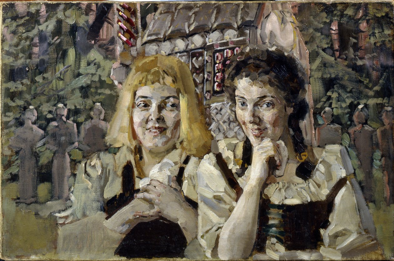Hansel és Gretel (Angyal és Juliska). A két gyerek portréi a Grimm fivérek Jacob (1785-1863) és Wilhelm (1786-1859) meséjéből, mohó szemekkel a cukorkaház előtt. Mikhail Alekszandrovics Vrubel (Vrubel) festménye (1856-1910), olajfestmény alkotó: Mikhail Aleksandrovich Vrubel