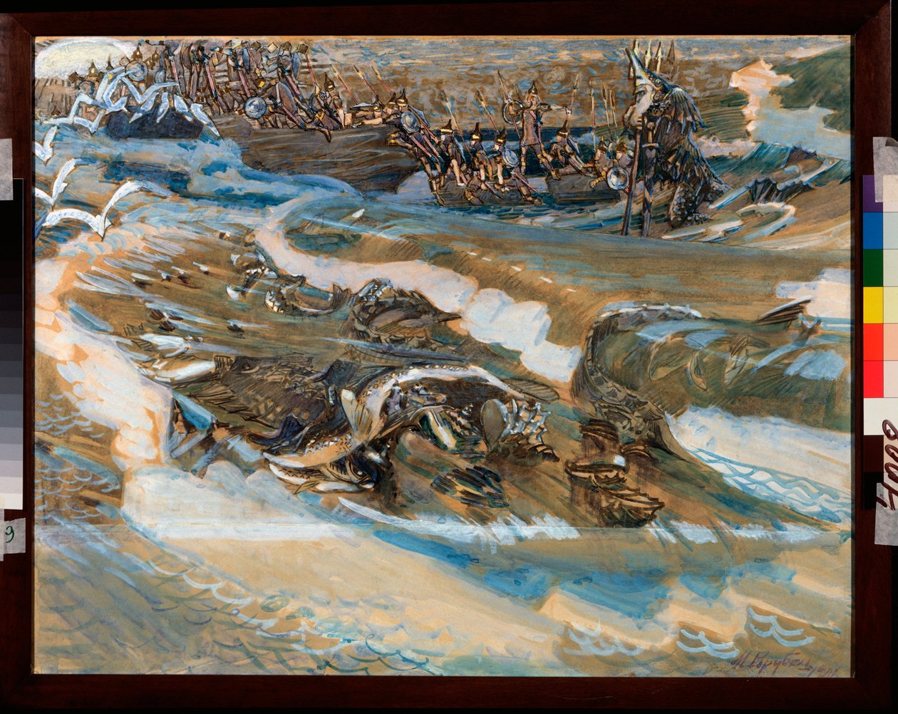 Illustration pour le conte du czar Saltan de Alexandre Pouchkine (1799-1837) (A Puskin Saltan cár meséjének illusztrációja) - Mihail Alekszandrovics Vrubel (Vrubel) (1856-1910) munkája, akvarell, gouache, arany és pénz papíron alkotó: Mikhail Aleksandrovich Vrubel