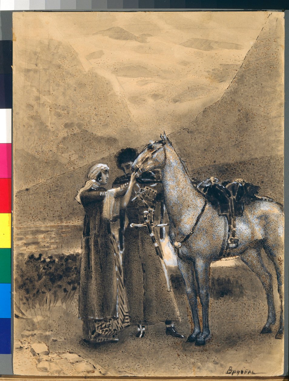 Zara és Ismail búcsúja - Illusztráció Mihail Lermontov (1814-1841) "Izmail-bey" (Izmail bej) című verséből - Mihail Alekszandrovics Vrubel (Vrubel) (1856-1910) alkotása alkotó: Mikhail Aleksandrovich Vrubel