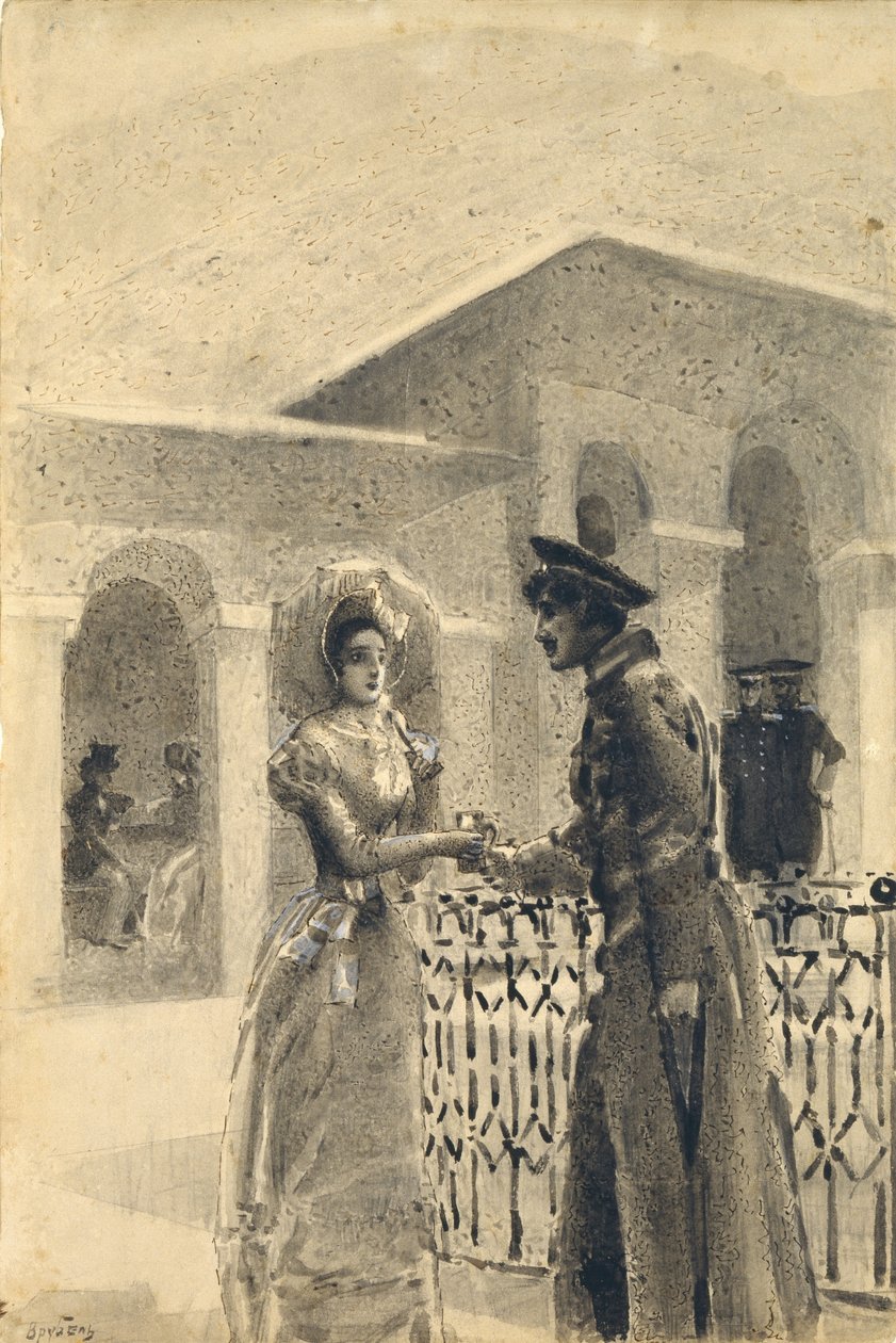 Mária hercegnő és Grushnitsky. Illusztráció Mihail Lermontov Korunk hőse című regényéhez, 1891 alkotó: Mikhail Aleksandrovich Vrubel