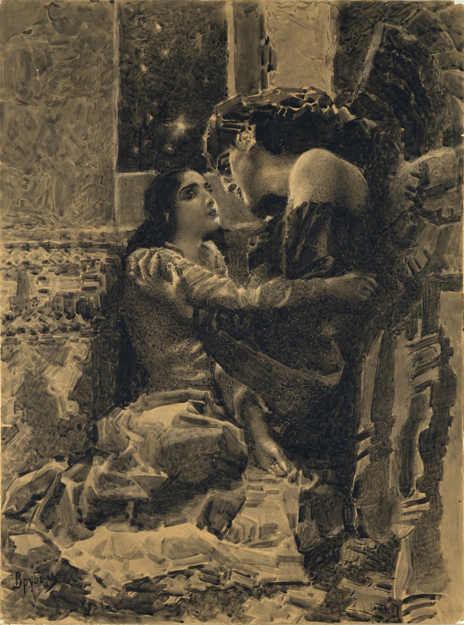 Tamara és Démon. Illusztráció Mihail Lermontov A démon című verséhez, 1890-1891 alkotó: Mikhail Aleksandrovich Vrubel