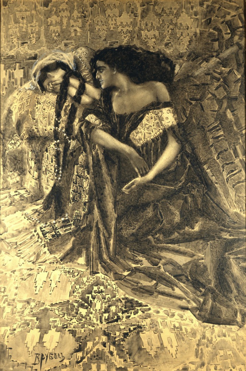 Tamara és Démon. Illusztráció Mihail Lermontov A démon című verséhez, 1890-1891 alkotó: Mikhail Aleksandrovich Vrubel