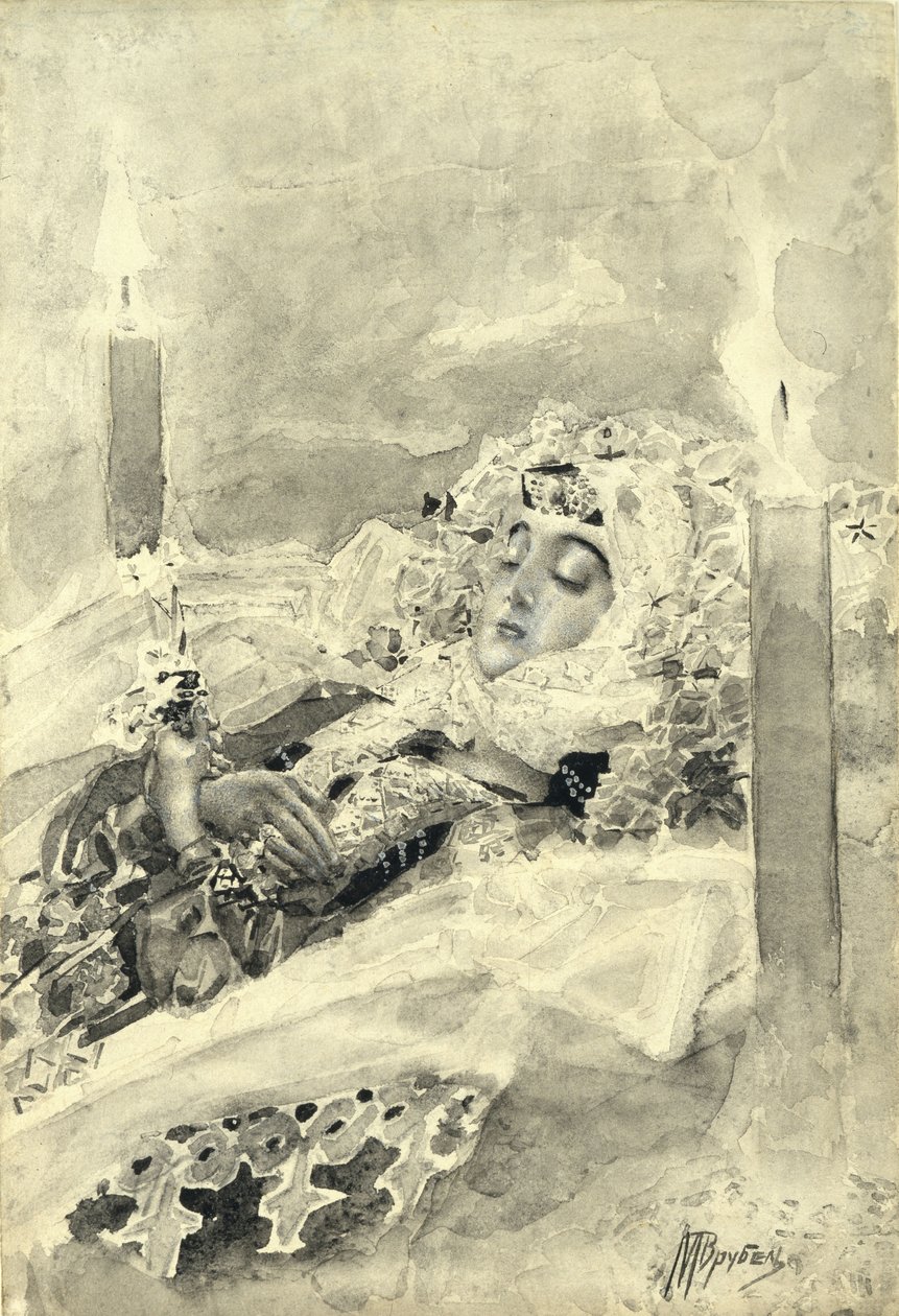 Tamara a koporsóban. Illusztráció Mihail Lermontov A démon című verséhez, 1890-1891 alkotó: Mikhail Aleksandrovich Vrubel