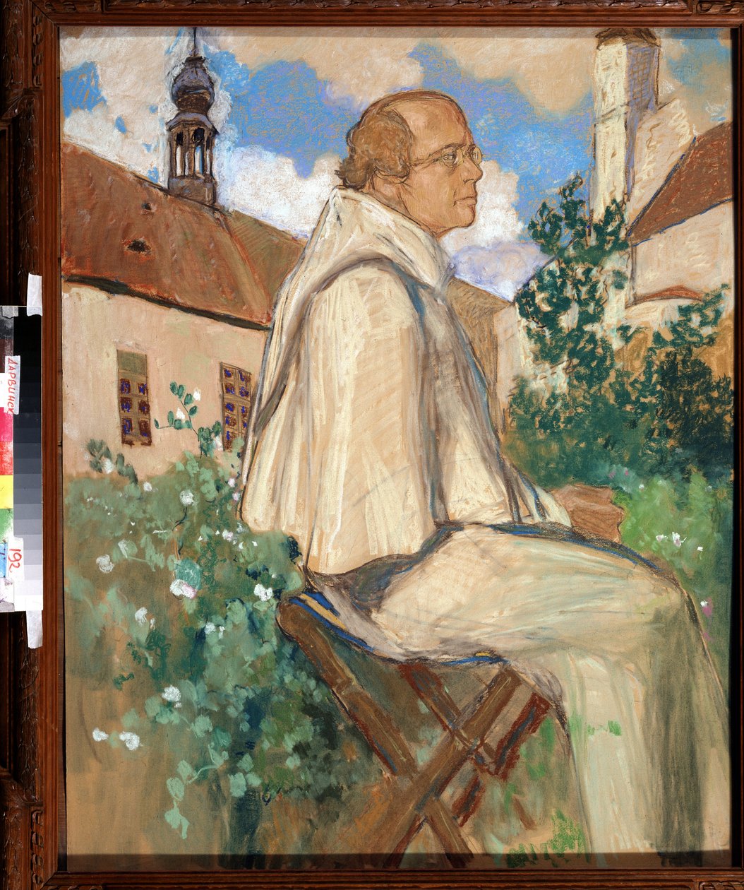 ""Johann Gregor Mendel (1822-1884), cseh szerzetes és botanikus, a genetika alapítójának portréja" Mikhail Dmitrievich Ezuchevsky (1880-1928) festménye 1926 Állami Darwin Múzeum, Moszkva alkotó: Mikhail Dmitrievich Ezuchevsky