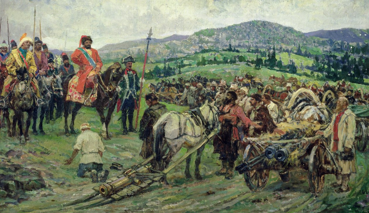 A parasztfelkelés vezetőjének, Emeljan Pugacsovnak a segítése az Urálban (olaj, vászon) alkotó: Mikhail Ivanovich Avilov