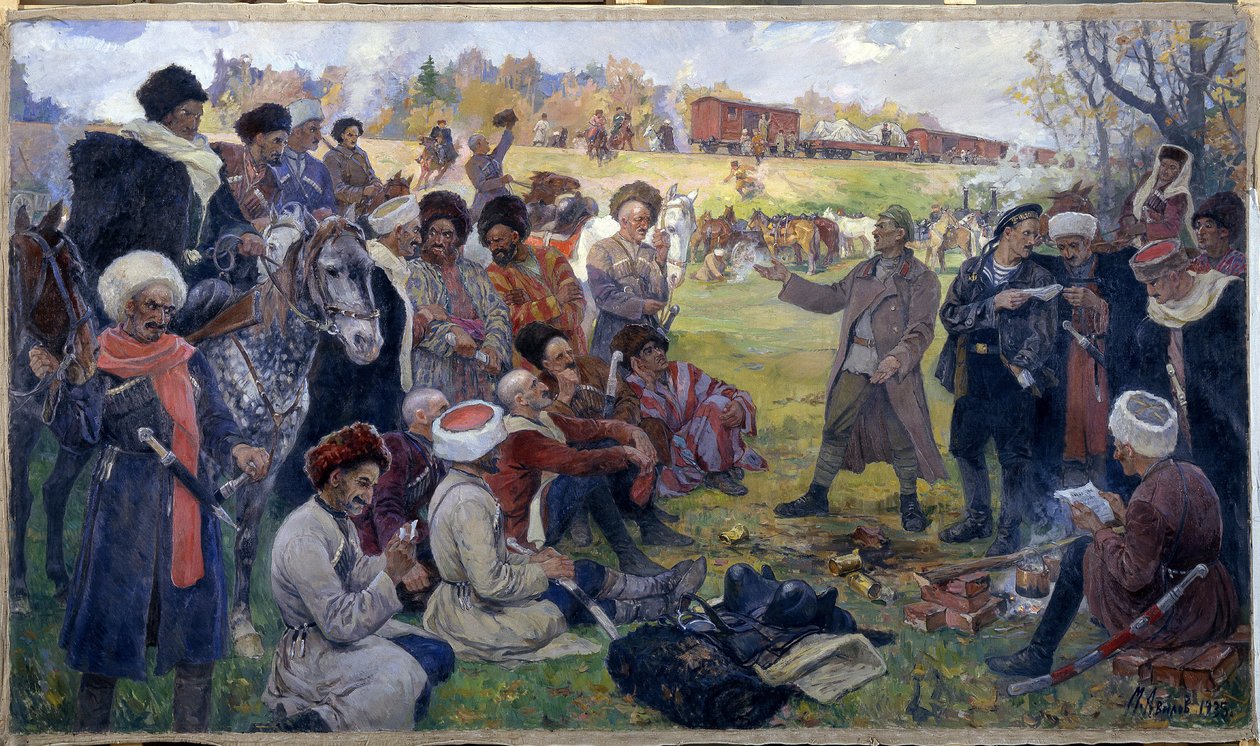 A bolsevik agitátorok Kornilov tábornok vad osztagában Gatsina közelében 1917 augusztusában alkotó: Mikhail Ivanovich Avilov