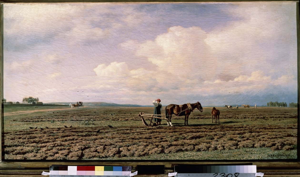 A mezőn (At the Field). Felszántott táj leírása, parasztokkal és lovak által vontatott ekével, a távolban egy csapat halad előre földúton. Mikhail Konstantinovich Klodt (1832-1902) festménye, olaj, vászon alkotó: Mikhail Konstantinovich Klodt