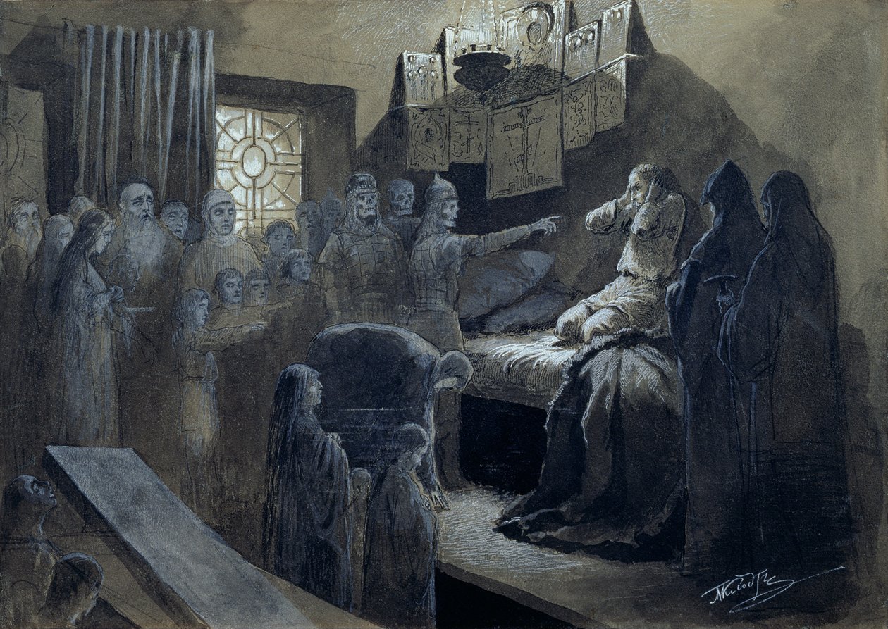 IV. Iván (1530-84) A szörnyű, akit meglátogattak az általa meggyilkoltak szellemei (toll és tinta testszínnel a papíron) alkotó: Mikhail Konstantinovich Klodt