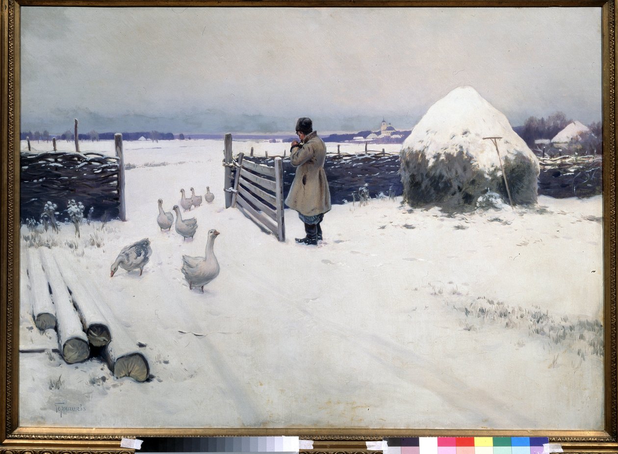 Leesett az első hó. Mihail Markianovics Germasev (1867-1930) festménye, olaj, vászon, 1890 körül, 19. századi orosz művészet. Állami Tretyakov Galéria, Moszkva. alkotó: Mikhail Markianovich Germashev
