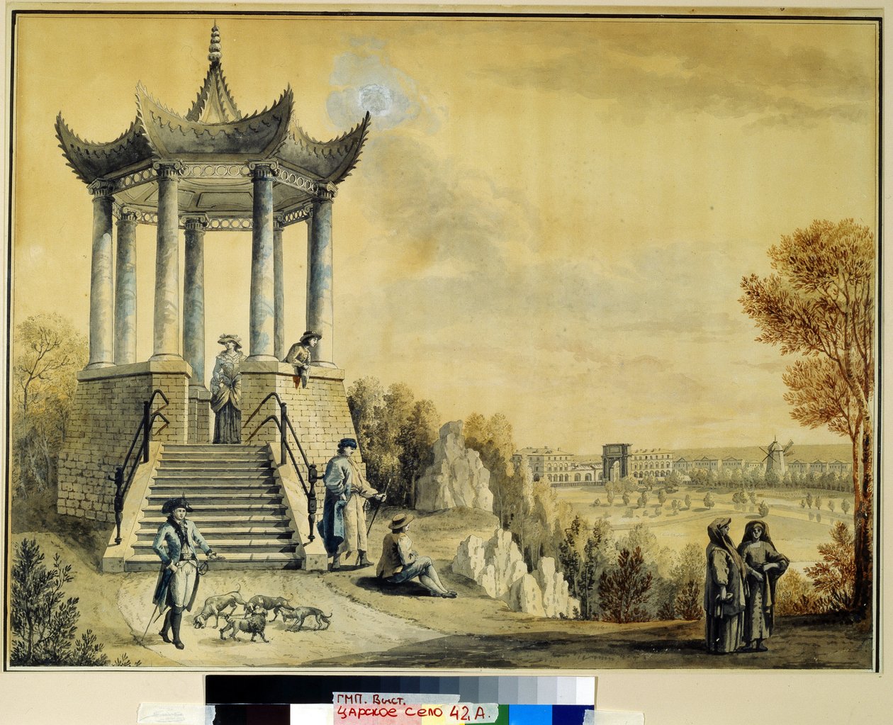 A Grand Caprice pavilon a Katalin parkban, Tsarkoye Selóban. Mihail Matvejevics Ivanov (1758-1823) munkája, akvarell és kréta papíron, 18. század vége. 18. századi orosz művészet. Ins alkotó: Mikhail Matveevich Ivanov