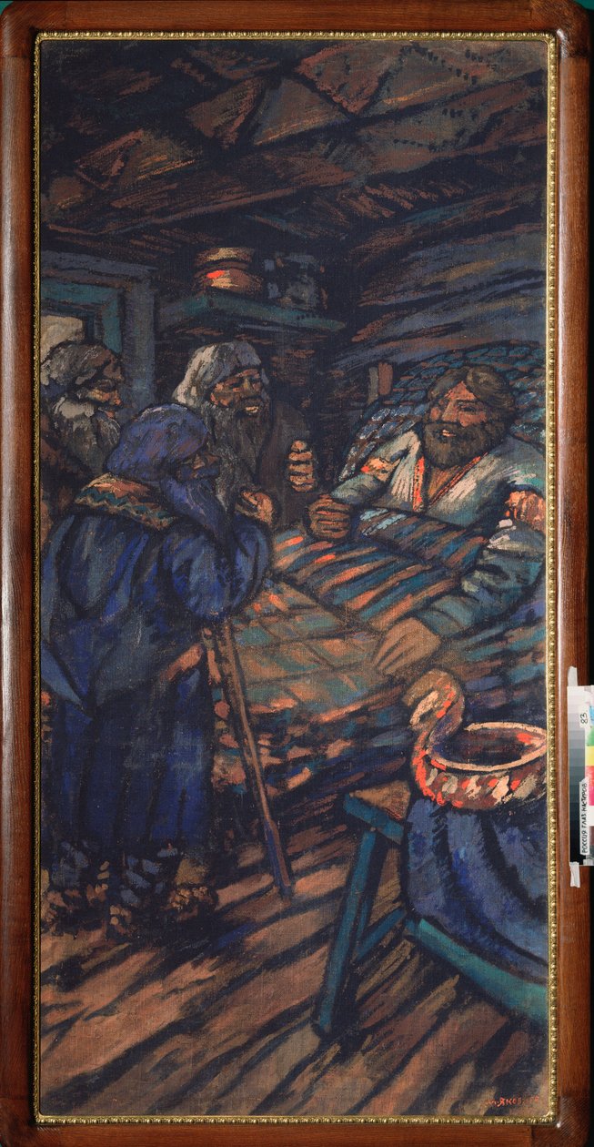 Vlagyimir I. Szvjatoszlavics nagyherceg esküvője (Nagy vagy Vörös Nap, 958-1015) (Vlagyimir I. Szvjatoszlavics nagyherceg esküvője) Vlagyimir alit három öreg veszi körül - Mihail Nyikolajevics Jakovlev (1880-) festménye 1942), olaj alkotó: Mikhail Nikolayevich Yakovlev