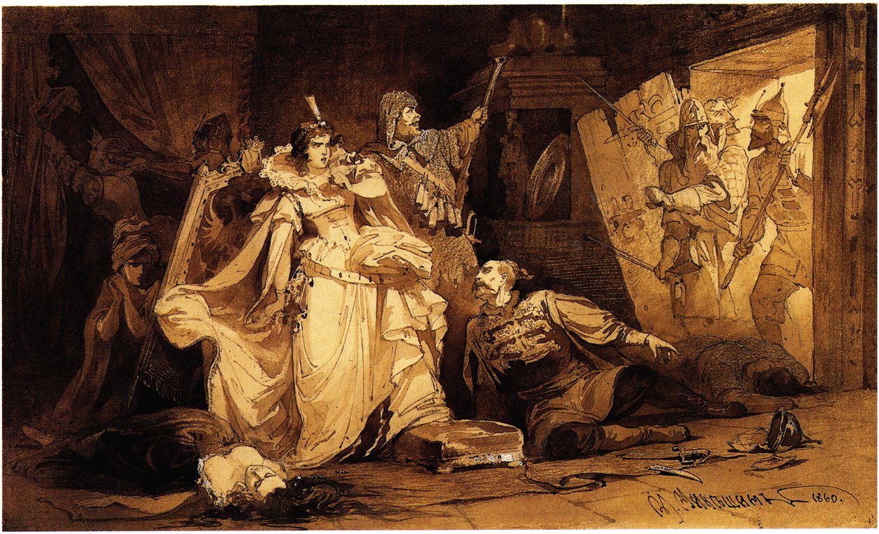 Marina Mniszech letartóztatása, 1860 alkotó: Mikhail Osipovitsch Mikeshin