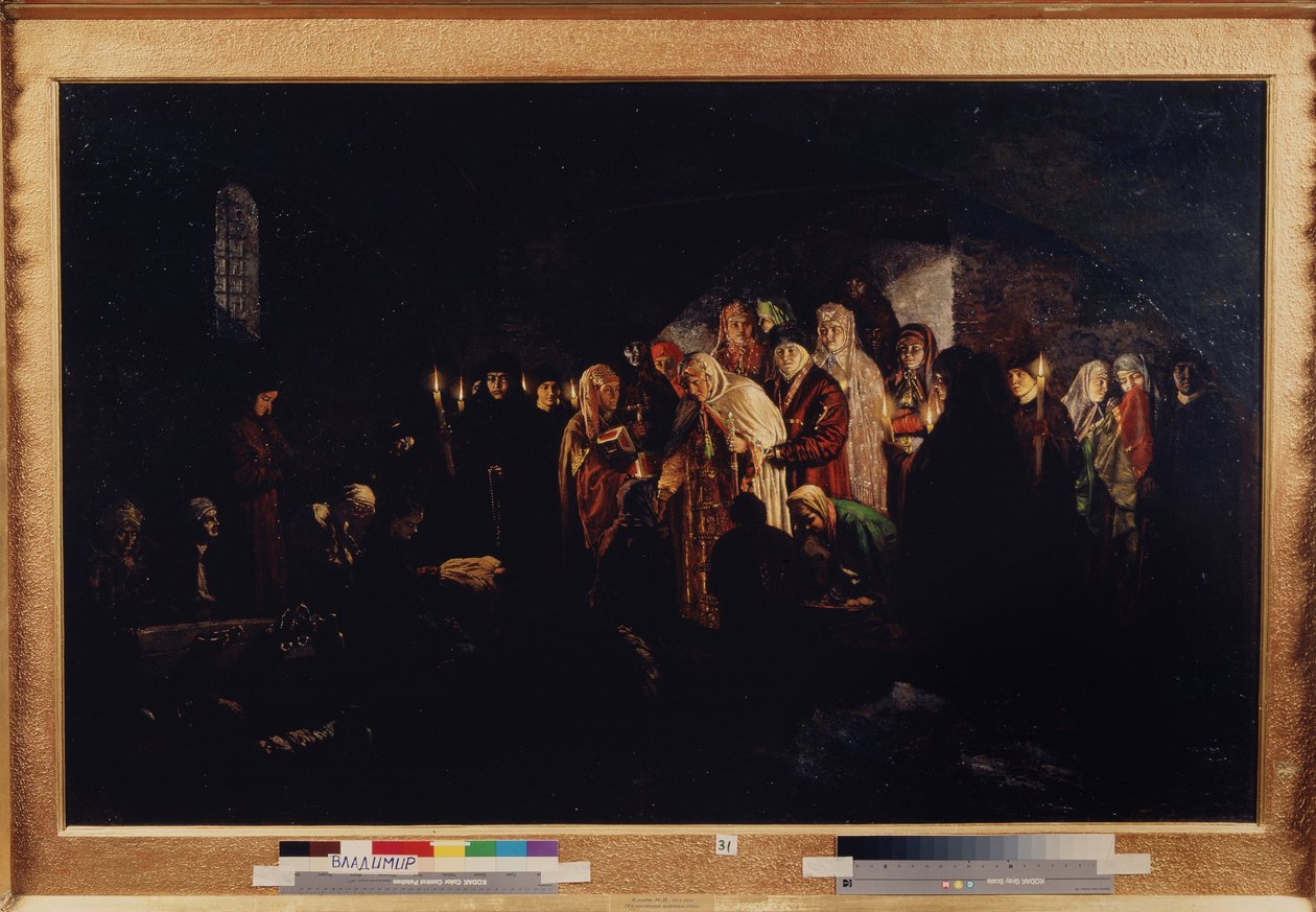 The Empress Giving Alms (Empress Giving Alms). A cárnő, akit nemesek és papok vesznek körül, jótékonykodnak az előtte térdelt rászoruló emberek gyülekezetében. Báró Mihail Petrovics Klodt (1835-1914) festménye, olaj, vászon alkotó: Mikhail Petrovich Klodt