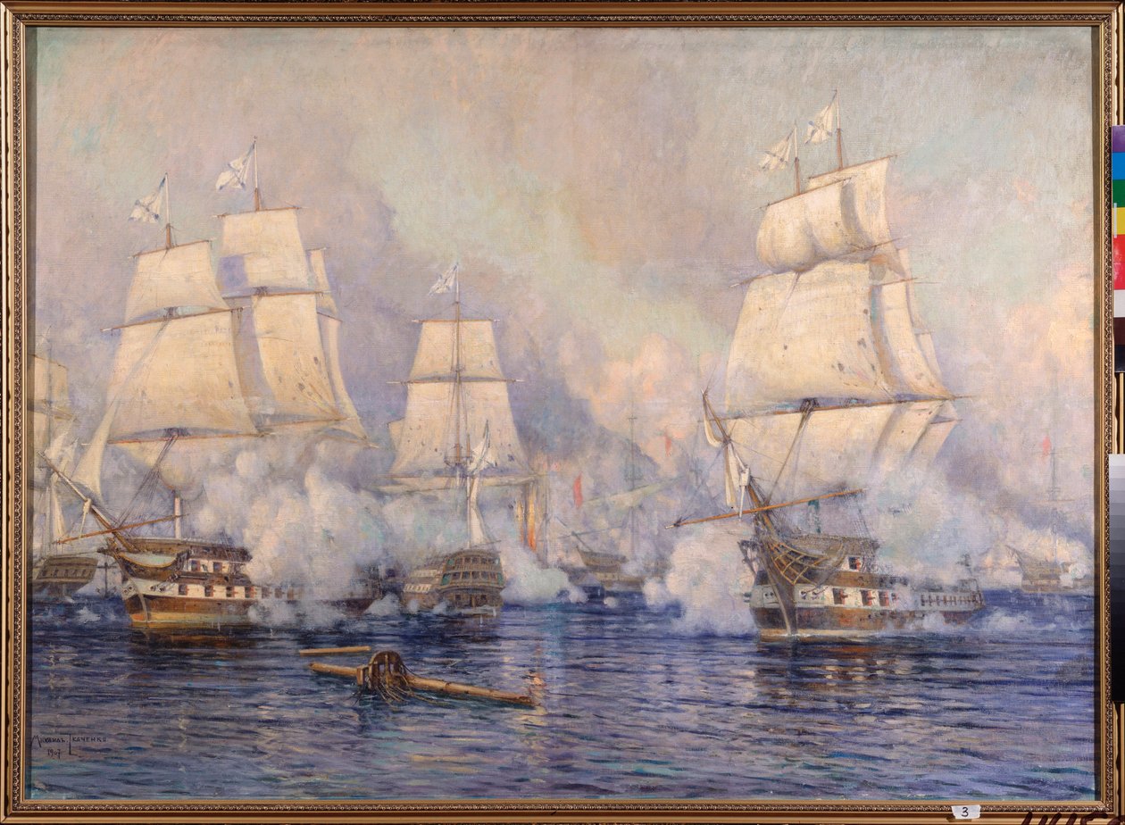 A navarinói tengeri csata 1827. október 20-án az oszmán flotta és egy francia-angol-orosz flotta között (Az 1828-1829-es orosz-török ​​háború és az 1821-1830-as görög függetlenségi háború vagy görög forradalom epizódja) - ( A Na tengeri csata alkotó: Mikhail Stepanovich Tkatchenko