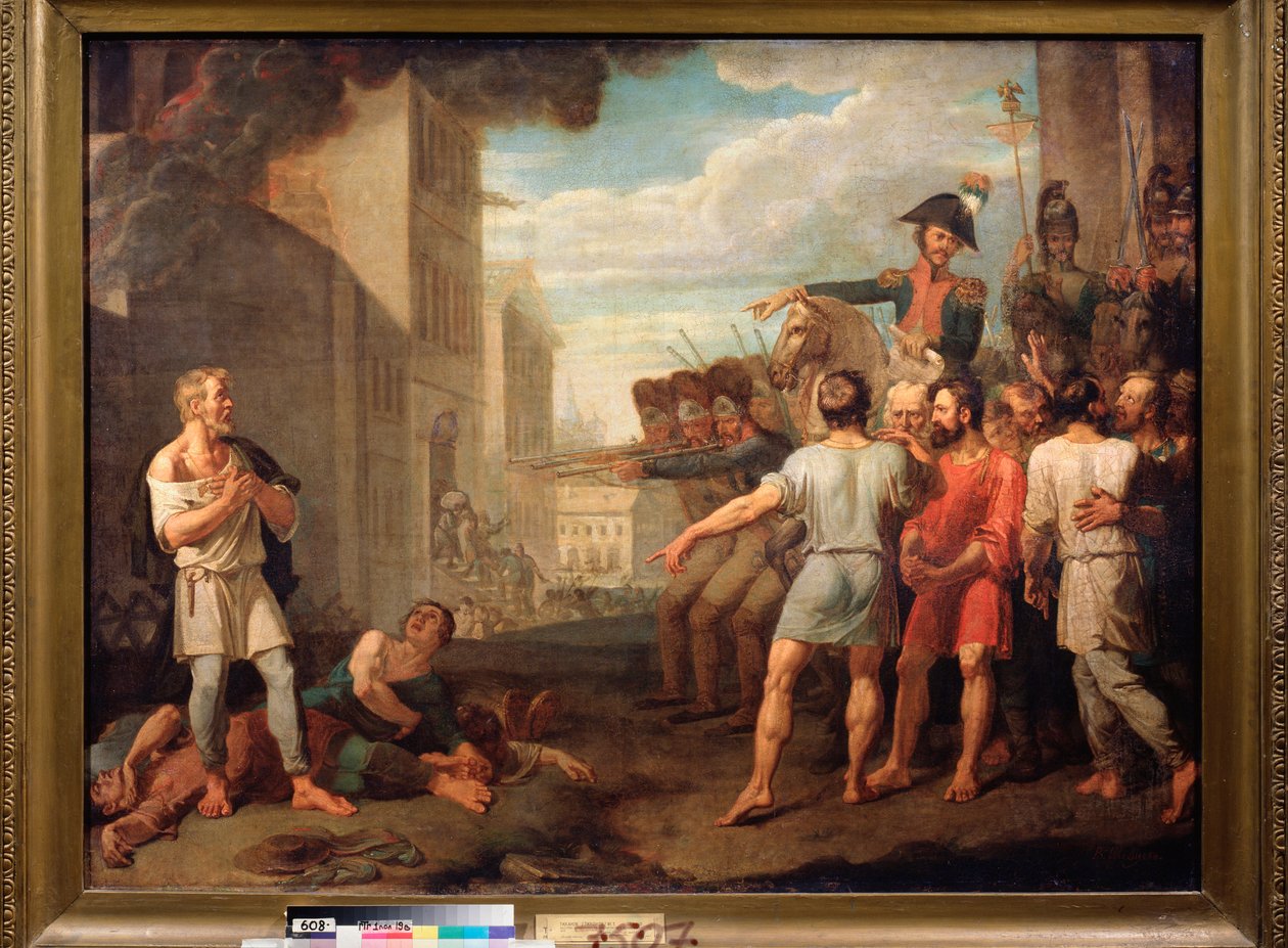 Az oroszok kivégzése a francia katonák által 1812-ben (a napóleoni háborúk epizódja, orosz hadjárat) - Mihail Tyihonov (1789-1862) festménye, olaj, vászon alkotó: Mikhail Tikhonov