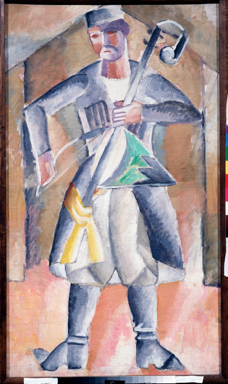 Musicien (Sas Musician) - Egy zenész portréja, hagyományos ruhában, hangszerével, amolyan függőleges hurdy-gurdyval, két kifeszített húrral, amit íjjal játszanak - Mihail Vasziljevics Le Dantyu (1891-1917) festménye olaj, vászon - Art rus alkotó: Mikhail Vasilevich Le Dantu