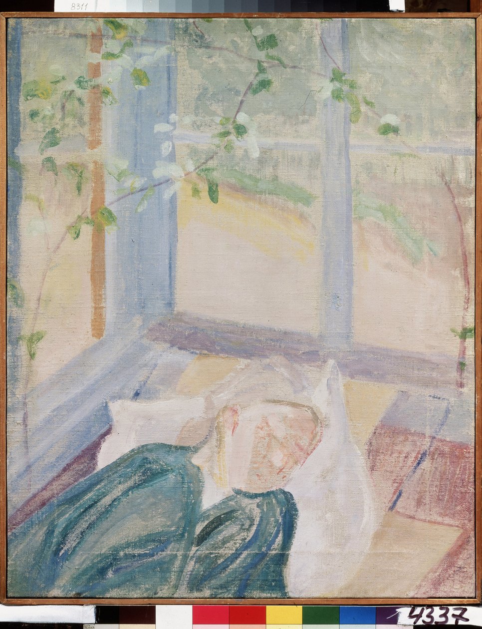 Elena (Yelena) Guro művész (1877-1913), a festő feleségének portréja (Y. Guro művész, a művész feleségének portréja). A terasz ablakai alatt alszik, blúzt és sálat visel. Mihail Vasziljevics Mati festménye alkotó: Mikhail Vasilievich Matyushin