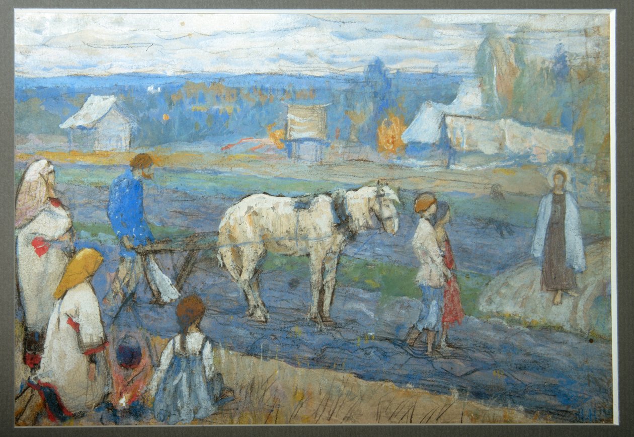 A mezőn (A gazdák útközben leállítják a mezőgazdasági munkát Jézus megjelenése előtt) (A mezőn) - Mihail Vasziljevics Neszterov (1862-1942) festménye, gouache kartonra (15,8x24 cm) alkotó: Mikhail Vasilievich Nesterov